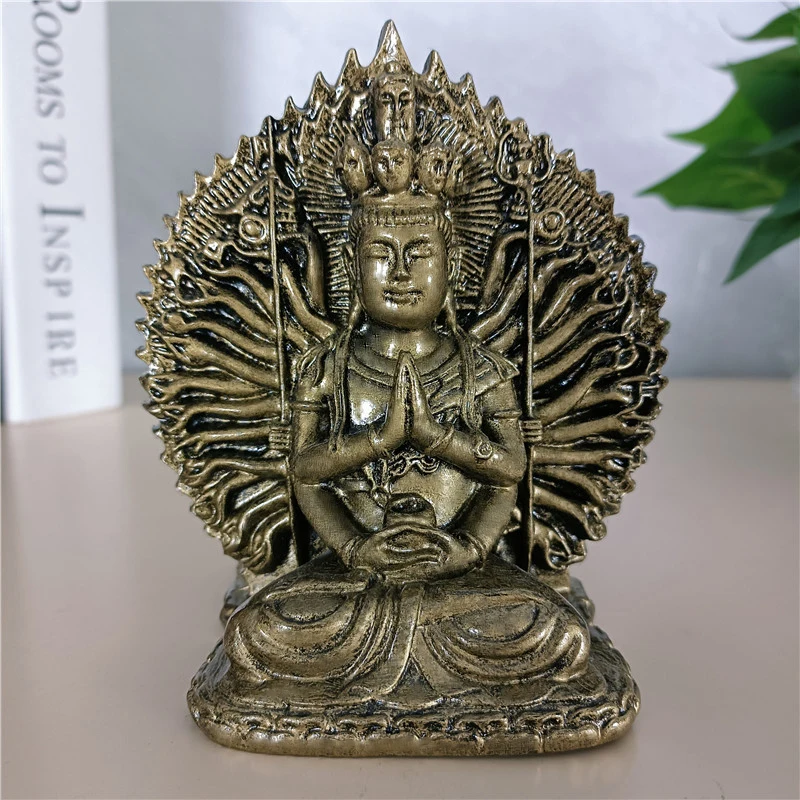 

12CM Bronze Color Thousand-hand Guan Yin Buddha Statue Ornaments Chinese Kwan Yin Buddha Sculpture Figurines Home Decoration