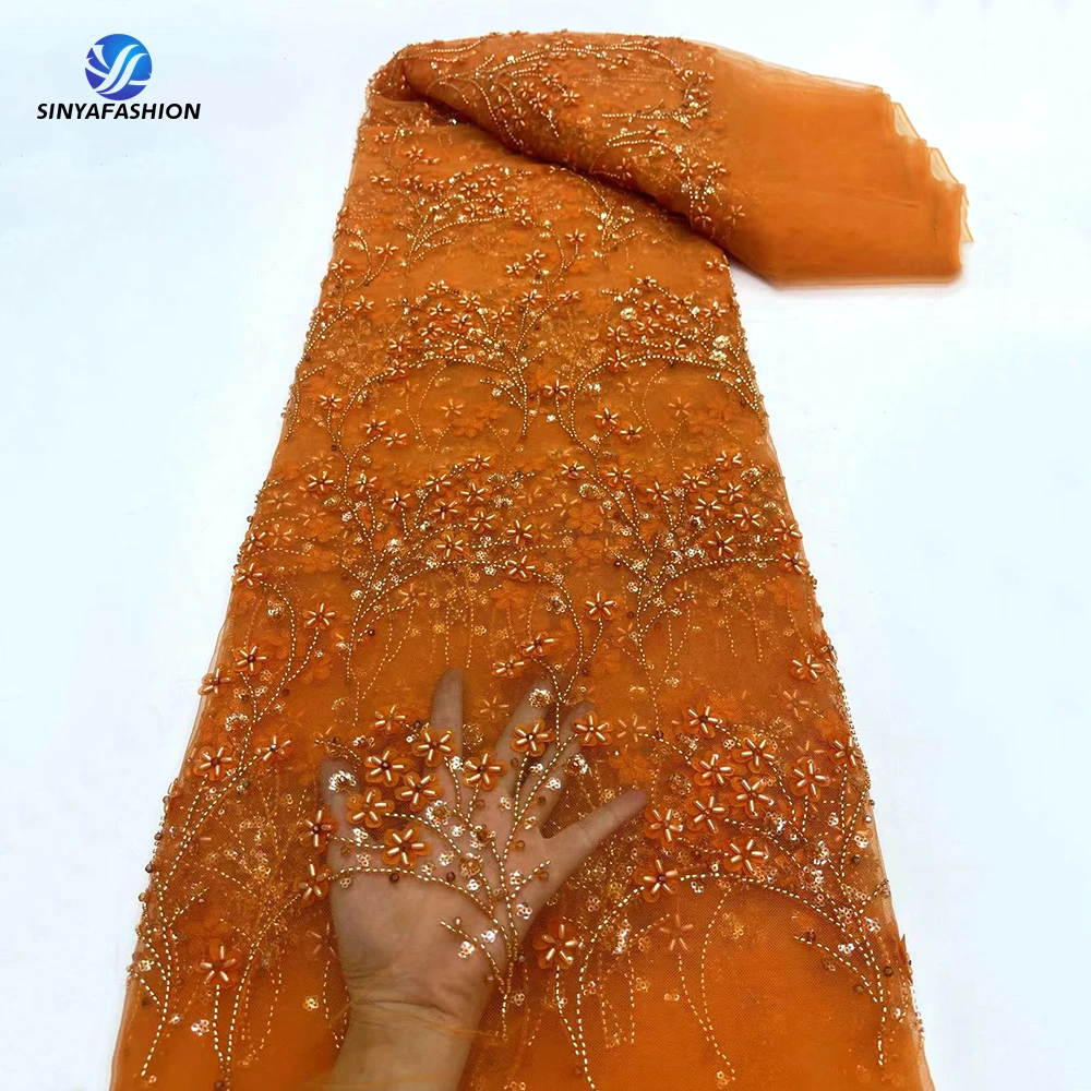 

Sinya Orange African 3D Lace Fabric 2024 High Quality Lace White Gold Wedding Bridal Beaded Lace Fabric Luxury For Women Dress