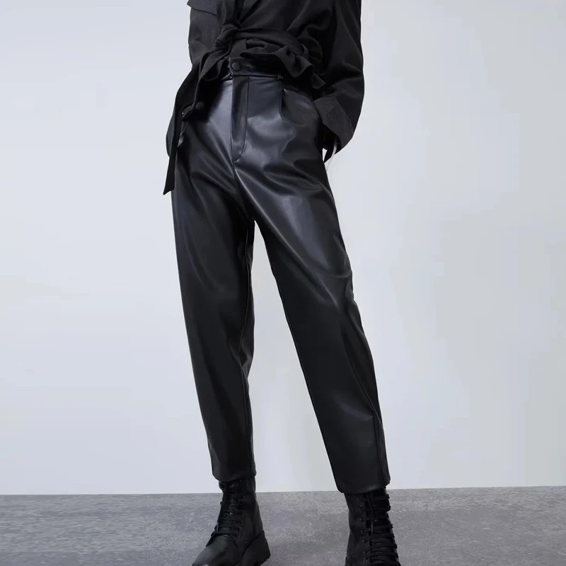 

2023 women cargo pants fashion high waist leather pants streetwear women jogging loose black korean full Trousers female