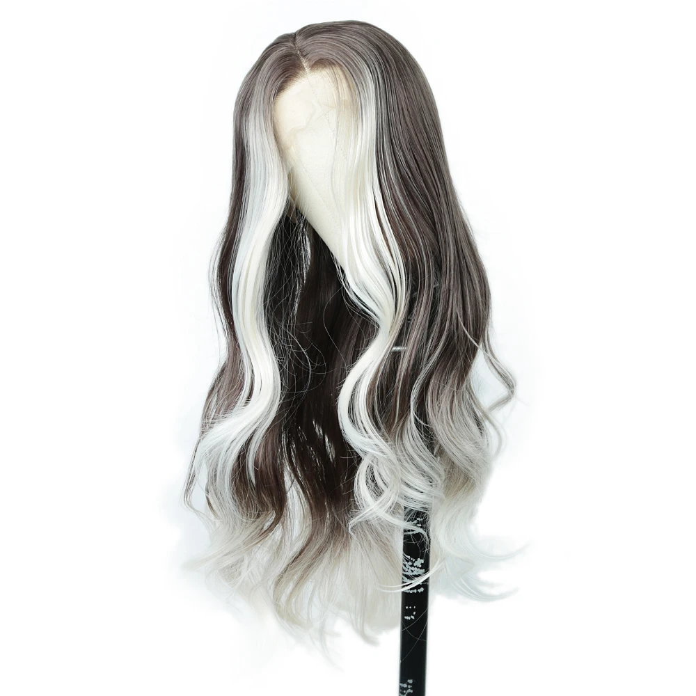 ALIBABY Long Cosplay Wig T Part Body Wave Synthetic Lace Front Wigs for Women Ombre White High Quality Lace Wig
