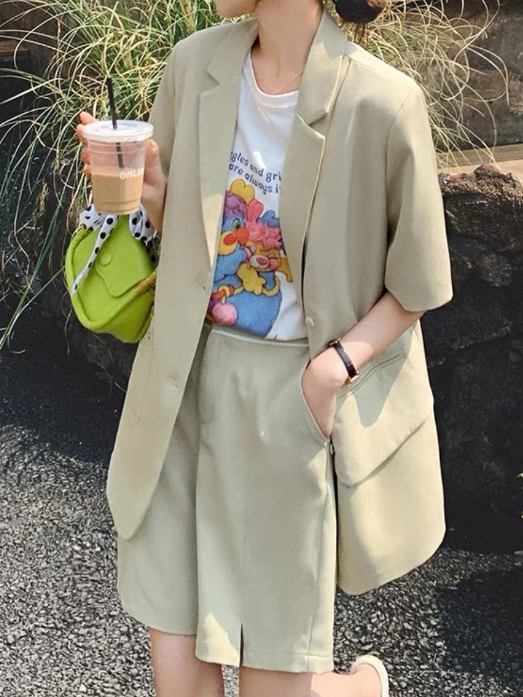 Women Summer Casual Elegant Blazer Shorts Suit Loose Jackets High Waist