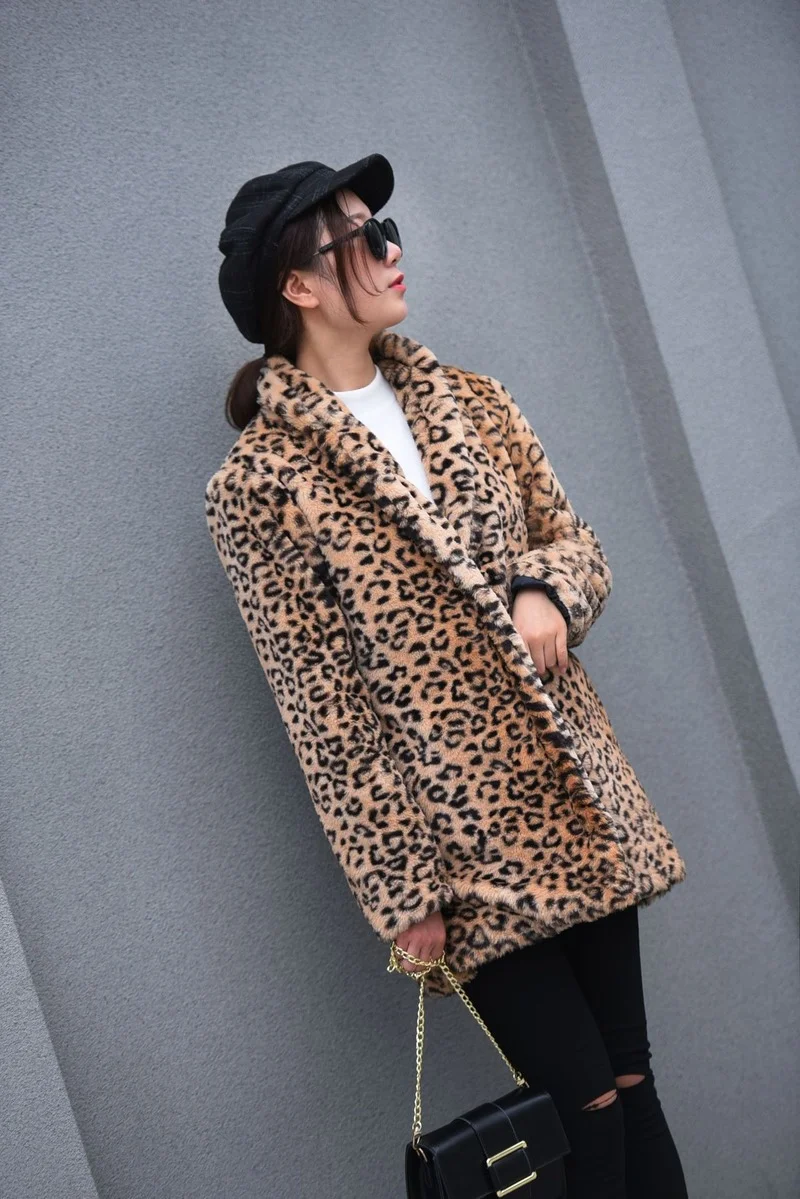 

Fashion Leopard Faux Fur Coats Women Warm Lapel Mid-Length Outwears Autumn Winter Thick Casual Commute Big Pocket Chic Outcoats