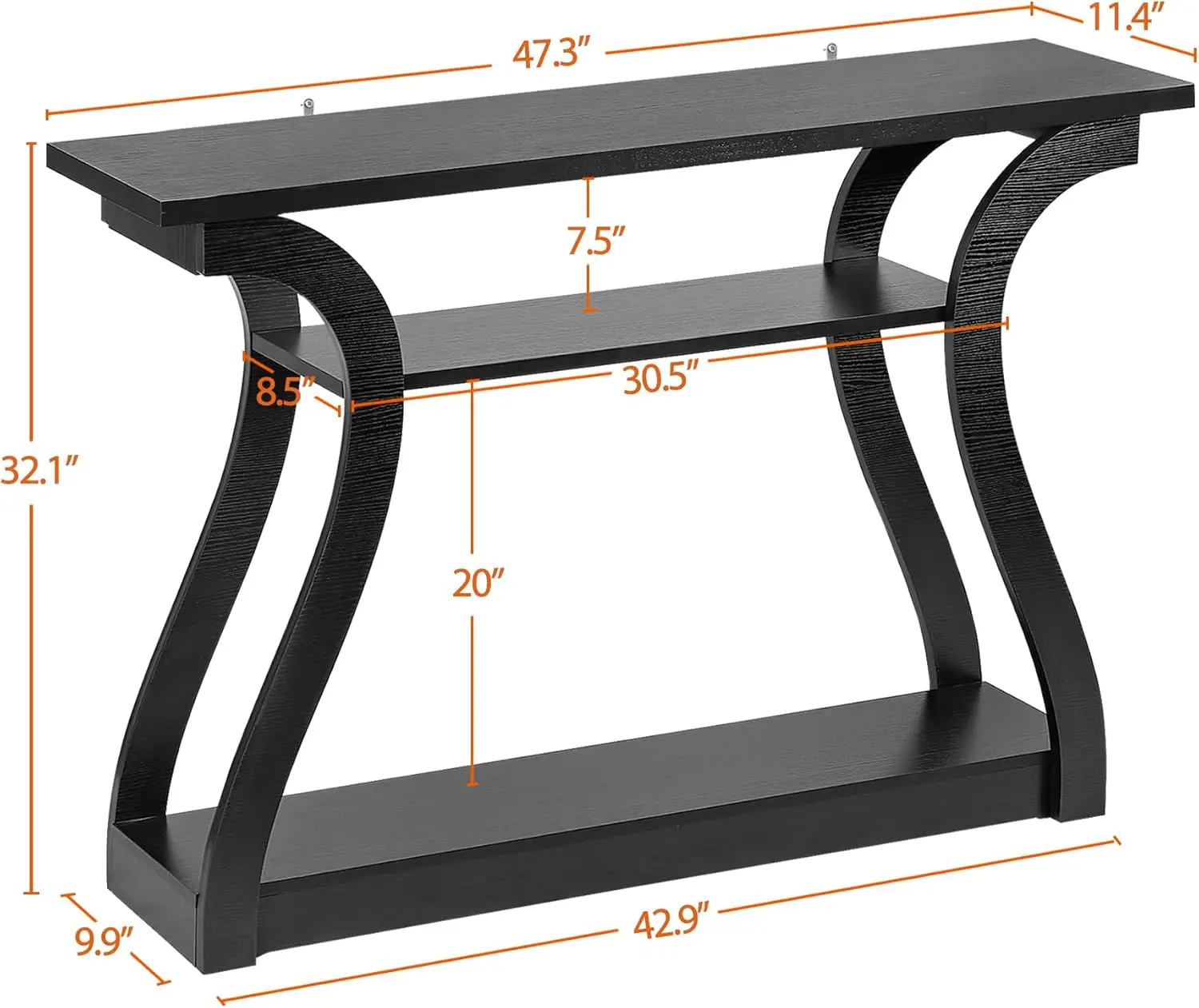 Wood Console Table 3 Tier Narrow Entryway Table with Curved Frame and 2 Open Storage Shelves Accent Sofa Table