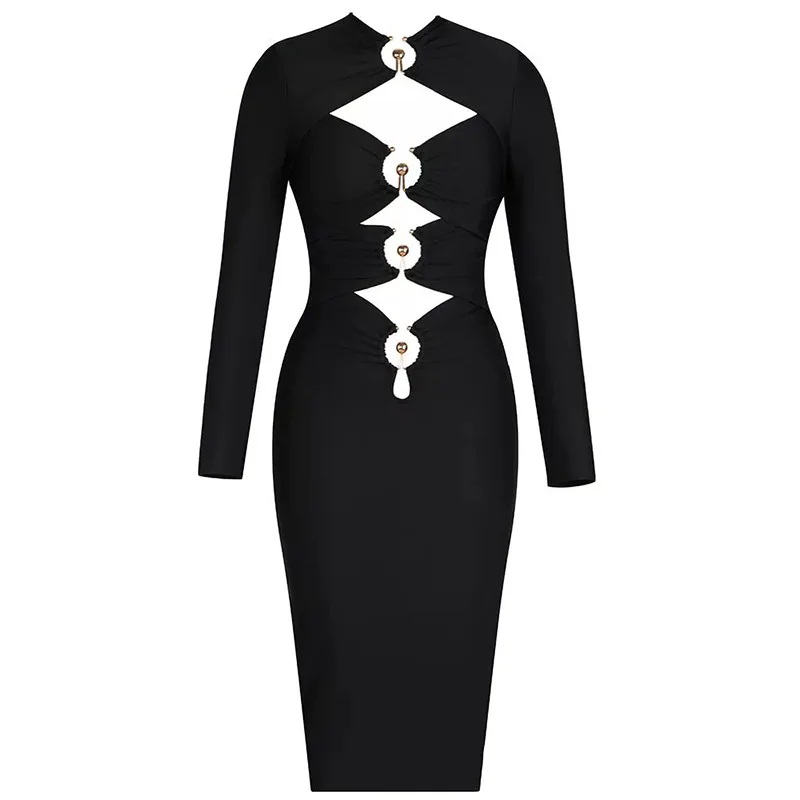 

Women Hollow out rib Orbit Ruched Cut Out Long Sleeve Mid Bodycorn Dress