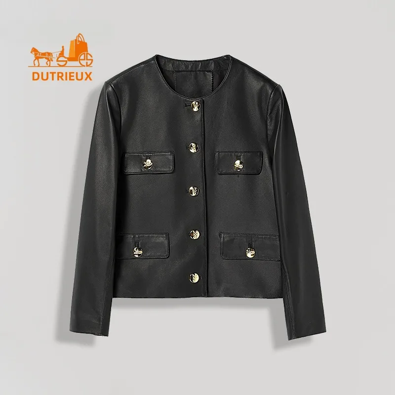 Genuine Leather Women's Jacket , Short Round Neck Sheepskin Coat Elegant Temperament , New Warm Cowhide Jacket for Winter Travel