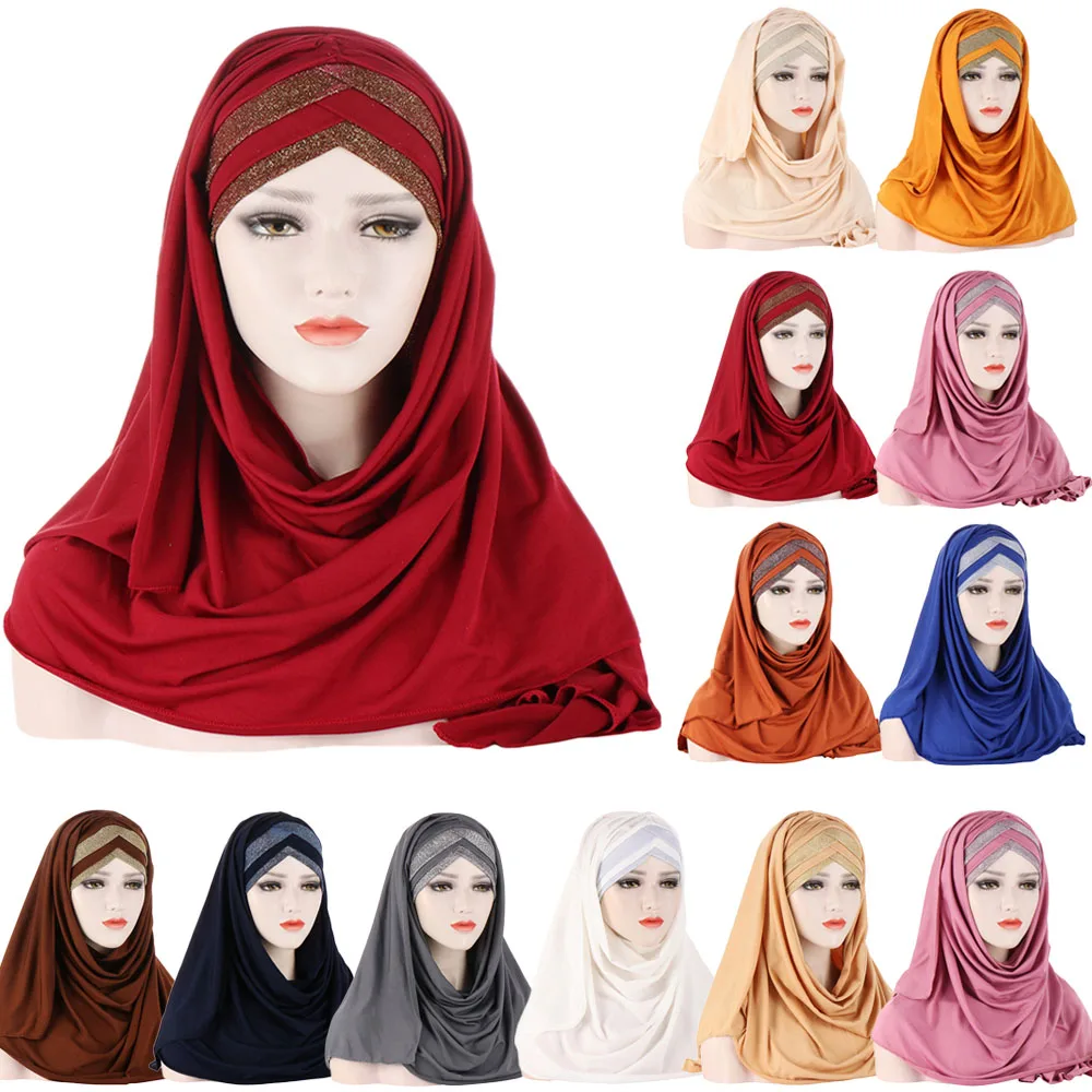 

New Glitter One Piece Amira Muslim Instant Scarf Hijab Jersey Headscarf Women Long Shawls Wrap Pull On Ready Made To Wear Turban