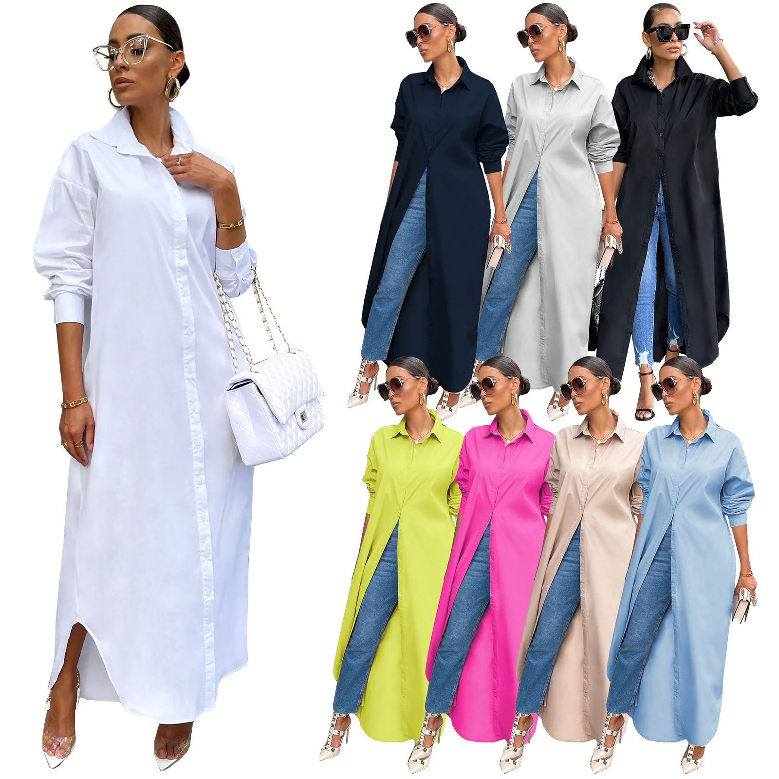 Women'S Autumn Elegant Young Casual Fashionable Solid Color Long Shirt Chiffon Shirt  Long Sleeve Straight Dress