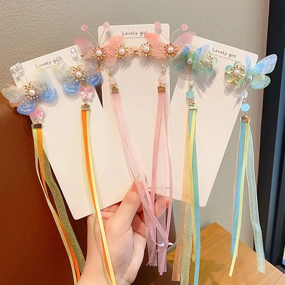 

Cute Flower Headdress Long Streamer Imitation Pearl Hanfu Ornament Kids Barrettes Headwear Chinese Style Hair Clip Girl Hairpin