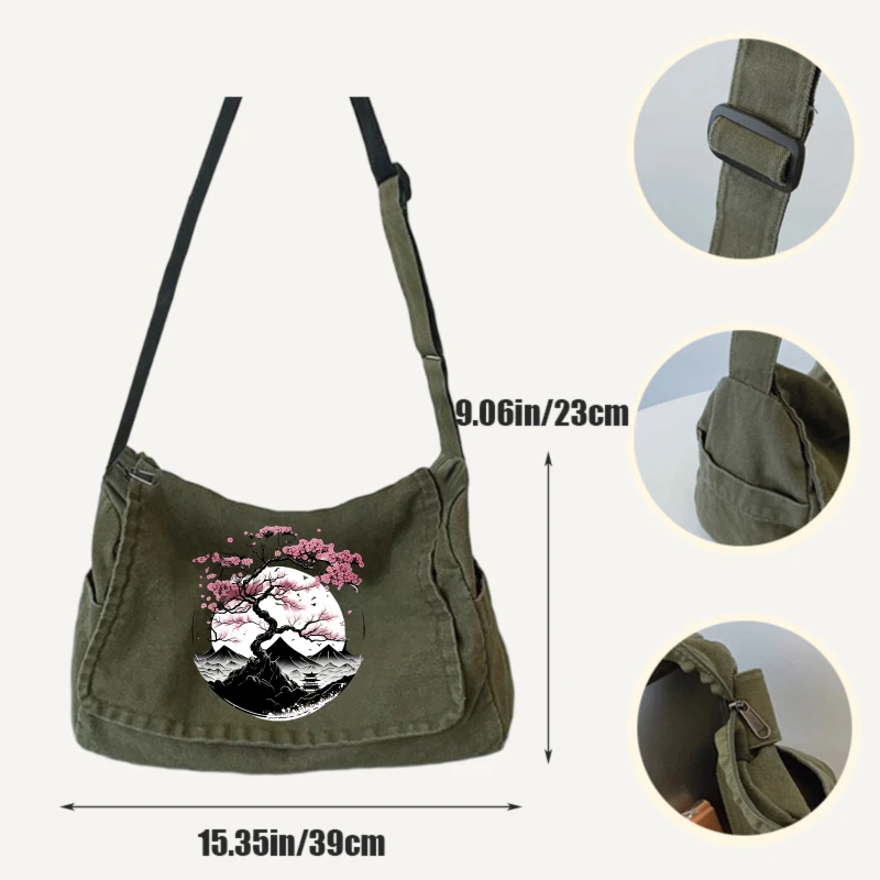 Vintage Women's Shoulder Bag Canvas Crossbody Bag Cherry Blossom Print Large Capacity Messenger Bag
