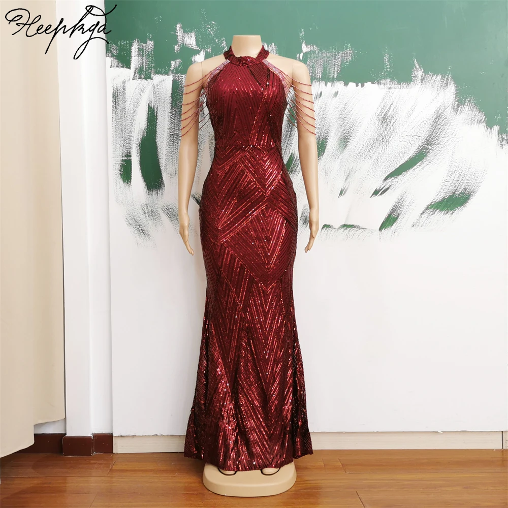 

2024 Long Burgundy Mermaid Sequin Evening Dress O Neck Sleeveless Shiny Beading Stretched Women Prom Party Formal Gowns