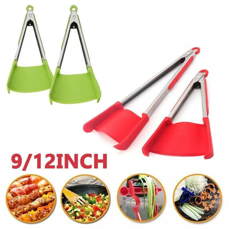 

2 in 1 Kitchen Spatula and Tongs Non-Stick Heat Resistant Stainless Steel Frame Silicone Tongs Bread Clip Kitchen Tools Gadget