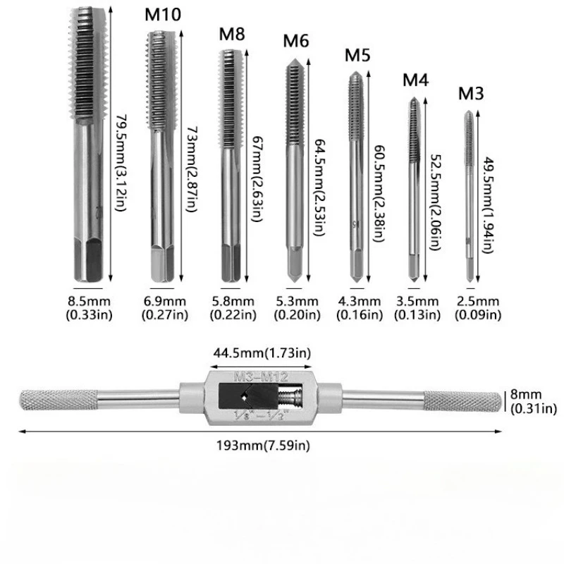M3-M12 미터법 탭 렌치 세트, 나사탭핑 공구, 드릴 비트, 조절식 나사탭, 리머 렌치, T-핸들 라쳇 탭 홀더