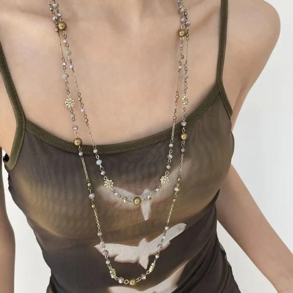 Fashion Double-layer Flower Necklace Beaded Long Sweater Chain Stackable Y2K Style Geometric Necklace