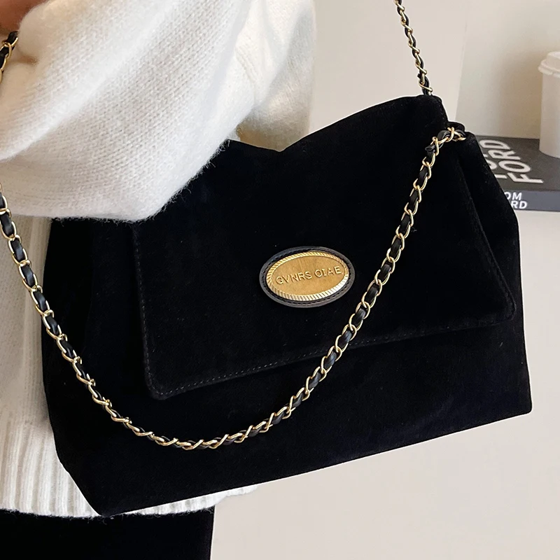 

Women's Suede Flap Shoulder Bag Black Nubuck Leather Female Roomy Commuter Crossbody Bags 2023 Metal Chain Ladies Unique Handbag