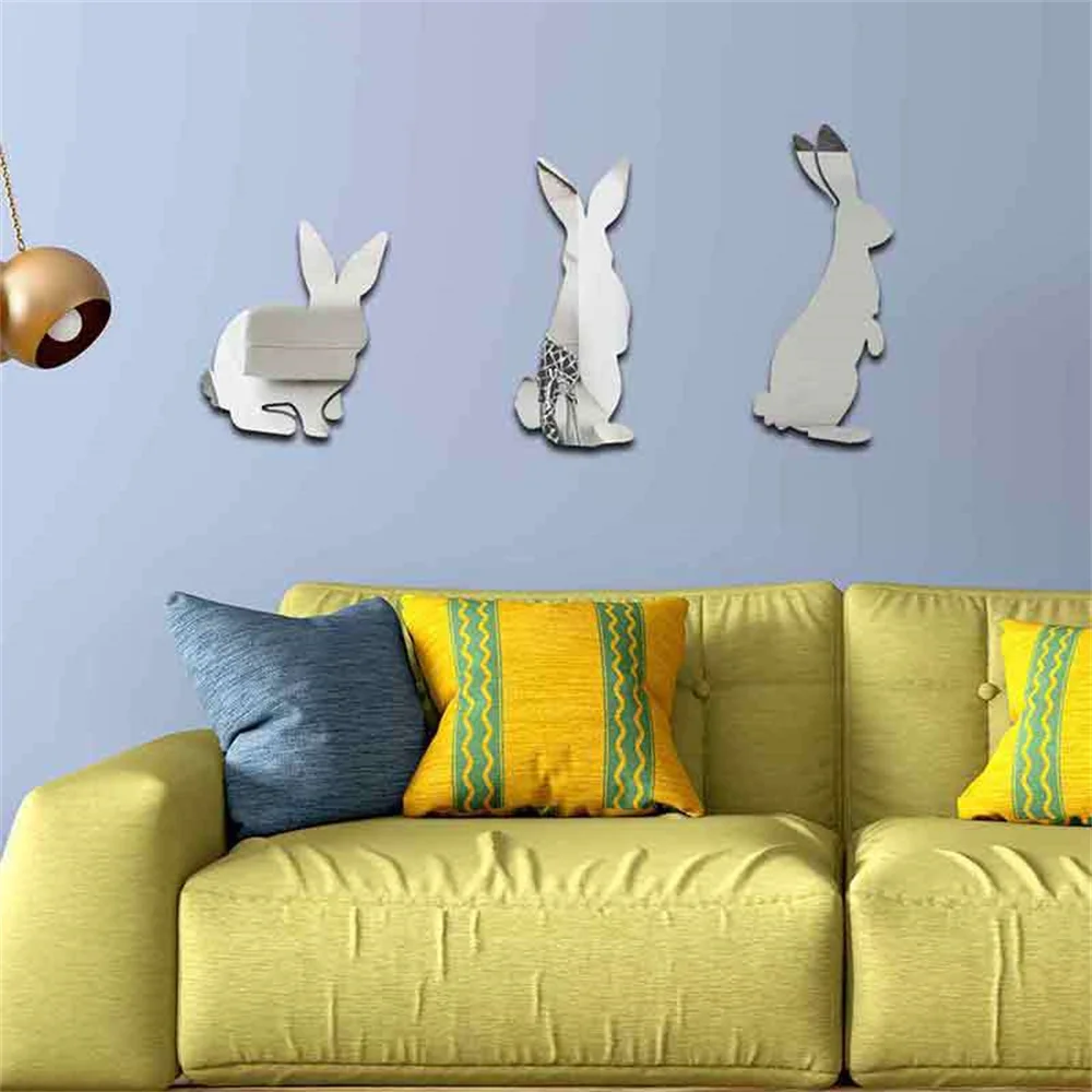 3D Creative Cute Bear and RabbitMirror Sticker Square Mirror Silver Wall Stickers Decal Self-adhesive Wall Paper Home Decorate