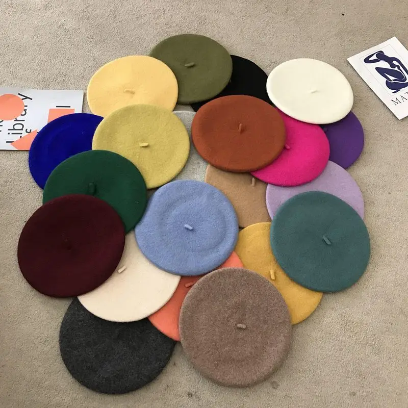 

Women Girls Multicolor Beret French Artist Warm Wool Winter Beanie Hat Retro Vintage Plain Beret Solid Color Elegant Lady Berets