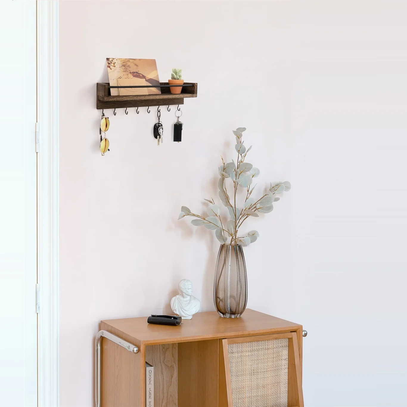 Rustic Wood Floating Shelf Wall Mounted for Entryway Decor Key Holder Rack with 8 Key Hooks For Hanging Keys Coats Dog Leashes 2