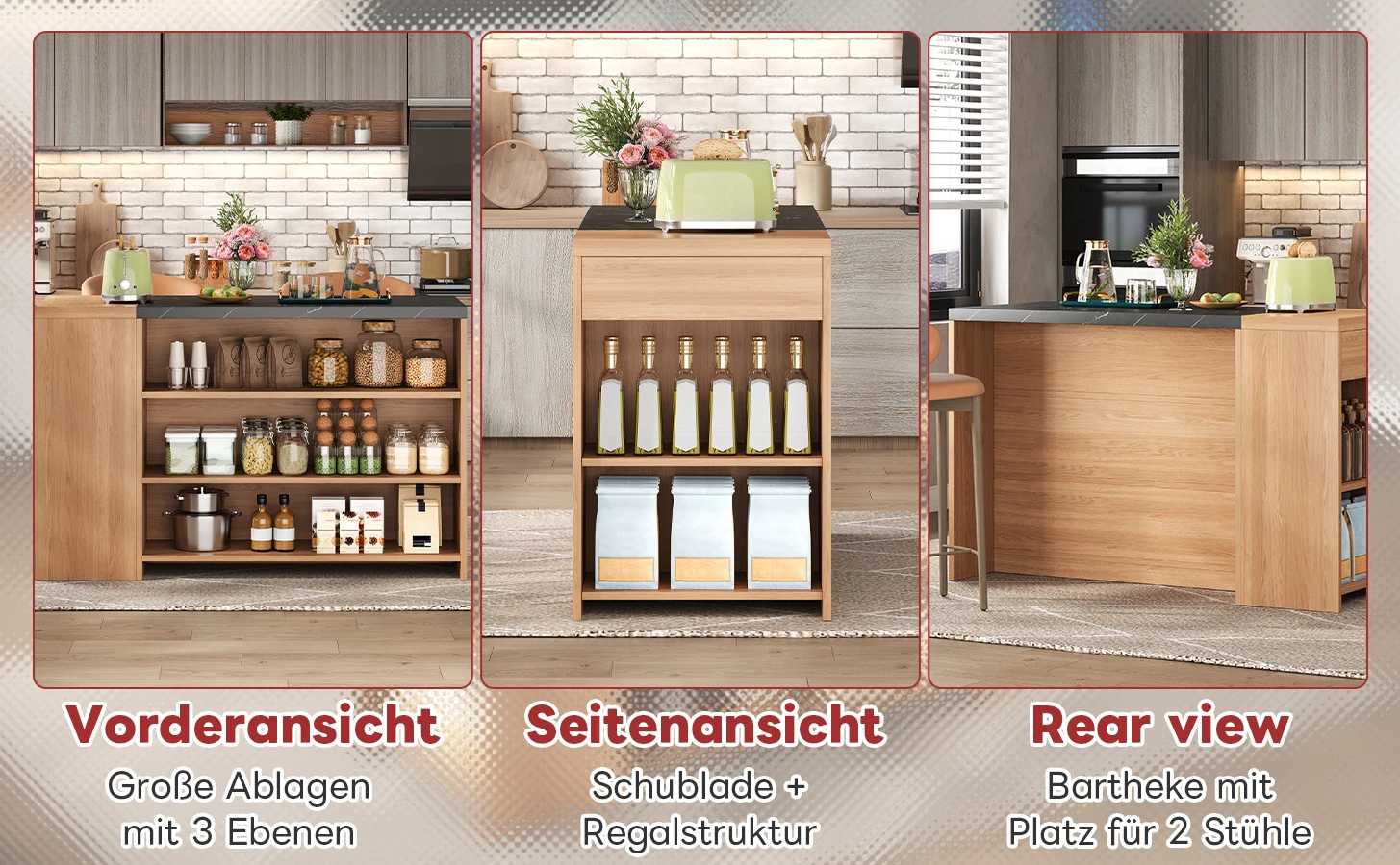 Multifunktionale Kücheninsel Bartheke Esstisch 5-stufige Aufbewahrung mit versteckten Schubladen Verstärkte Marmoroptik-Arbeitsplatte – Detail 3