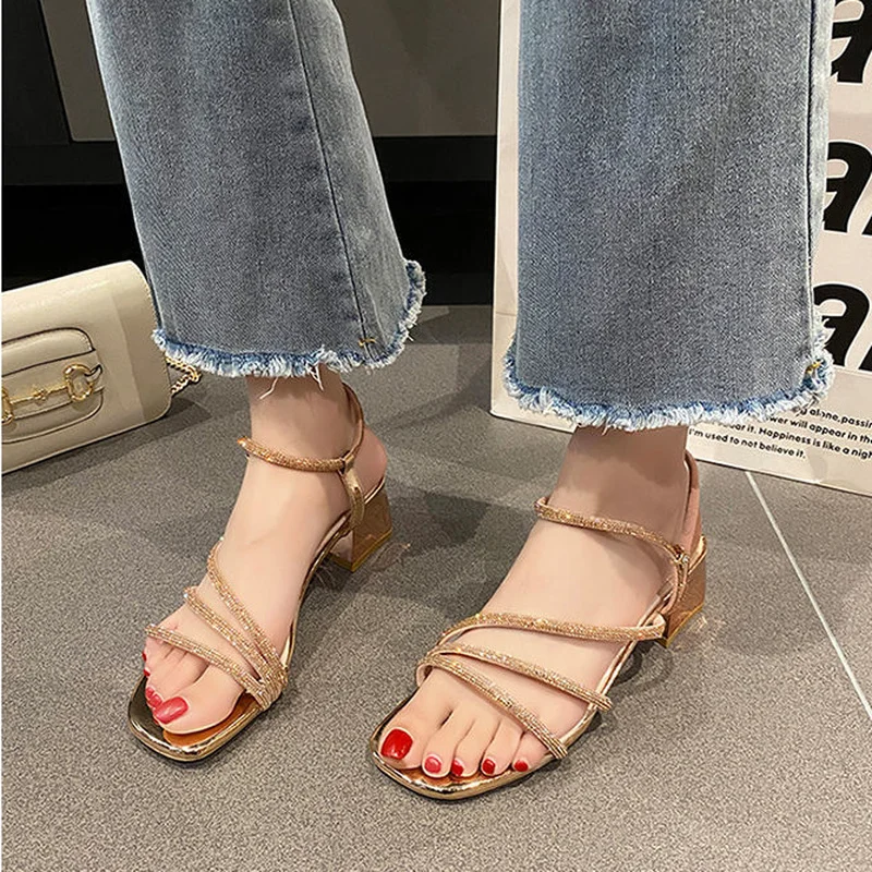

Sandal Woman Orthopedic Medium Block Heels Shoes Rhinestone Shoe Wedge Chunky Sandals for Women Roman Summer New 2023 Elegant