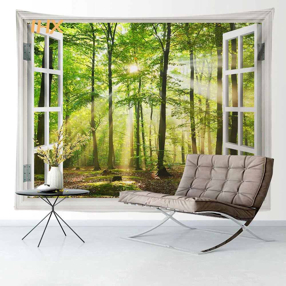 Window Tapestry Landscape Mountain Forest Boho Hippie Scenery Aesthetic Tapestry Wall Hanging Room Decor Bedroom Decoration Home tapestry decor