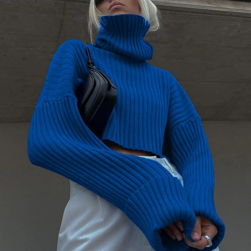 

Women Cropped Sweater Turtleneck Pullovers Autumn Winter Sweaters New 2023 Female Sweater Solid Thick Warm Long Sleeves Tops