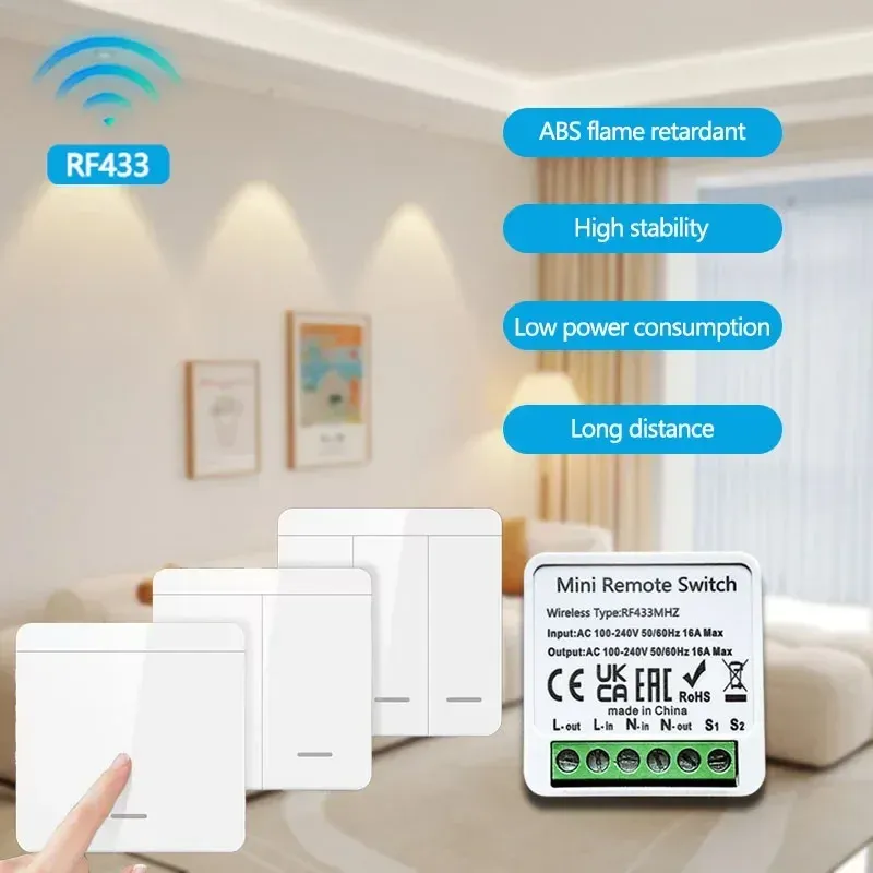 Wireless Smart Switch Light RF 433MHz 1/2/3 Gang Wall Panel Switch with Remote Control Interruptor 16A 100V-240V For LED Lamp