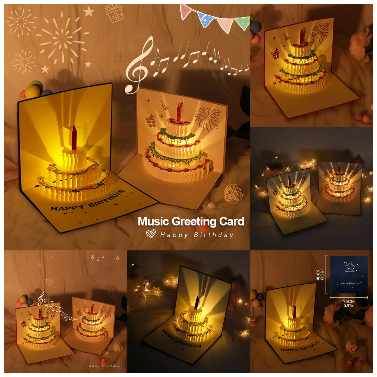 Cake Creative Greeting Card Happy Birthday Party Gift Message Cards Party Gifts 3D Happy Birthday Greeting Card With Music musical greeting cards