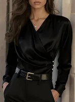 Women's Elegant Satin Wrap Blouse - Long Sleeve V-Neck Button Detail Top for Office & Casual Wear - Image 5