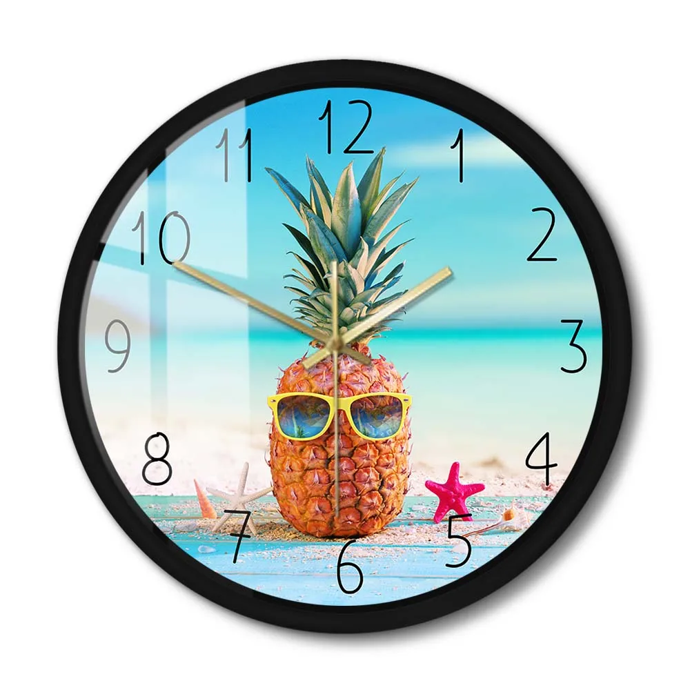 

Pineapple With Sunglass On Seahore Summer Metal Frame Wall Clock Botannical Fruit Modern Wall Watch Dinning Room Kitchen Decor