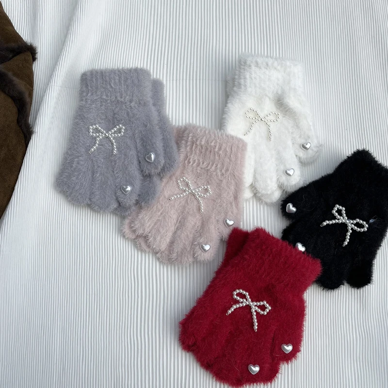3-8Years Children's Gloves Autumn Winter New Windproof Warm Knitted Plush Cartoon Pearl Bow Girls' Love Gloves