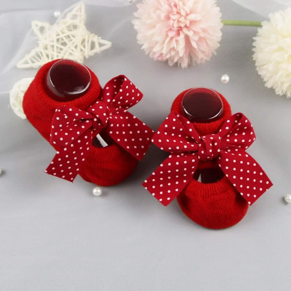 Spring Autumn Red Newborn Indoor Cotton Socks Bow Infant Anti Slip Socks Baby Girl Socks Rubber Soles Baby Girl Floor Sock