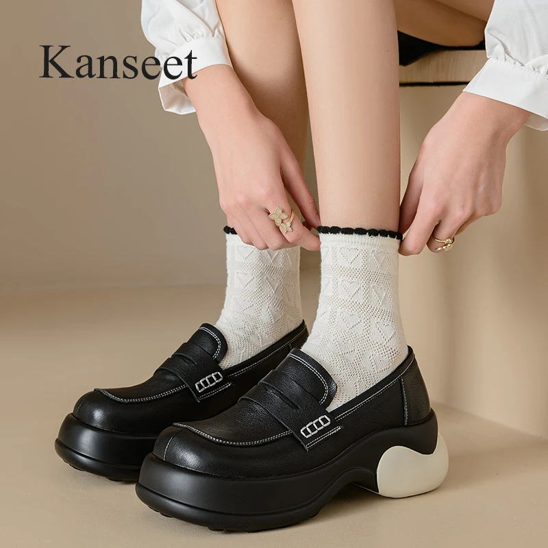 

Kanseet 2024 Весенняя модная женская обувь на платформе с круглым носком высококачественные лоферы из натуральной кожи повседневная женская обувь на массивном каблуке 40
