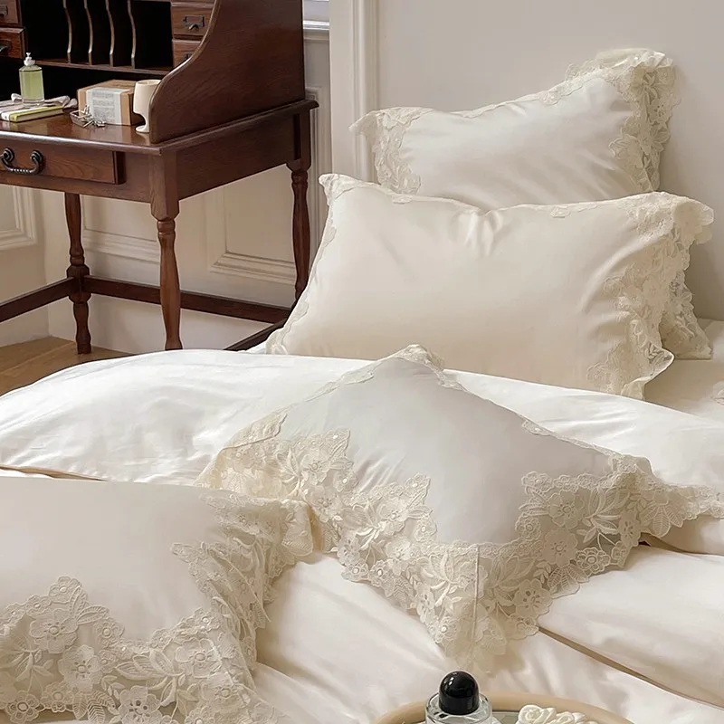 Bed, Franse Romantische Kant Beddengoed Set Koningin Elegante Prinses Stijl Geborduurde Dekbedovertrek Set Ruches Dekbedovertrek Sets