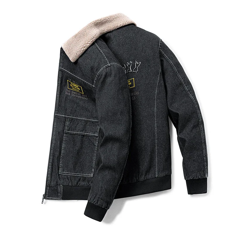 Men Motorcycle Denim Jacket Winter fleece collar warm jacket plus cotton plus size denim cotton coat Korean style clothes