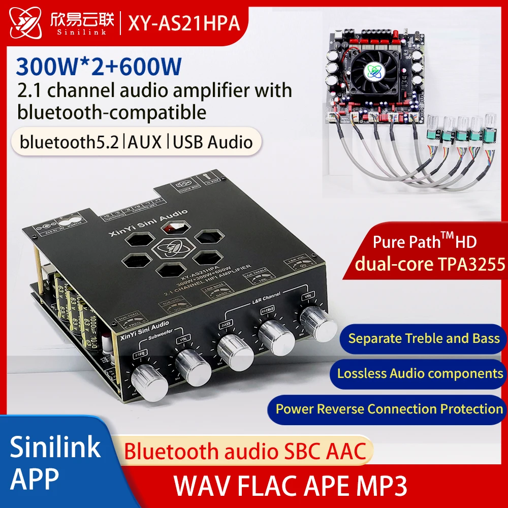 AS21 TPA3255  Bluetooth 5.2 2.1 Channel Power Audio Stereo Subwoofer Amplifier Board 300WX2+600W TREBLE Bass note tuning AMP 1