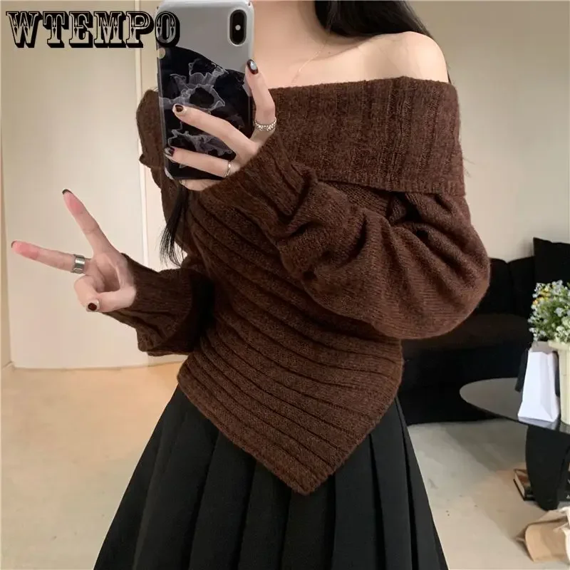 

Women's Long Sleeve Knitted Sweater Off Shoulder Knitwear Slim Asymetrical Pullover Jumper One Shoulder Crop Sweaters
