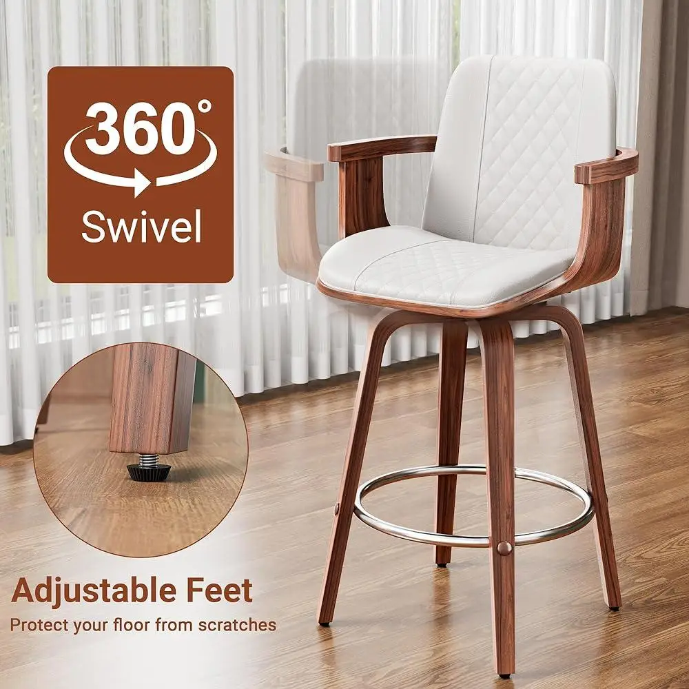 Set of 4 Swivel Bar Stools Mid Century Modern Bentwood Counter Height Chairs PU Leather Ergonomic Design Kitchen Cafe Home 5