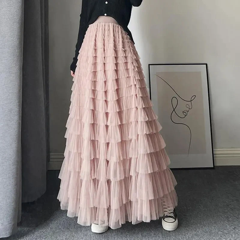 

Fashion Layered Designer Fashion Cascading Ruffles A Line Long Skirts Womens Casual Elastic Waist All Seasons Basic Skirt Female