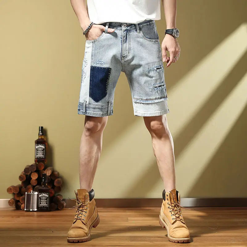 

New Spring/Summer High Quality Retro Men's Denim Split Middle Pants Patch Embroidery knee length jeans shorts cargo pants men