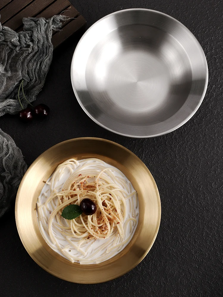 Metal Dining Plate Korean Style Stainless Steel Hat Shaped Dish Plate Household Wide Edge Salad Thickened Pasta