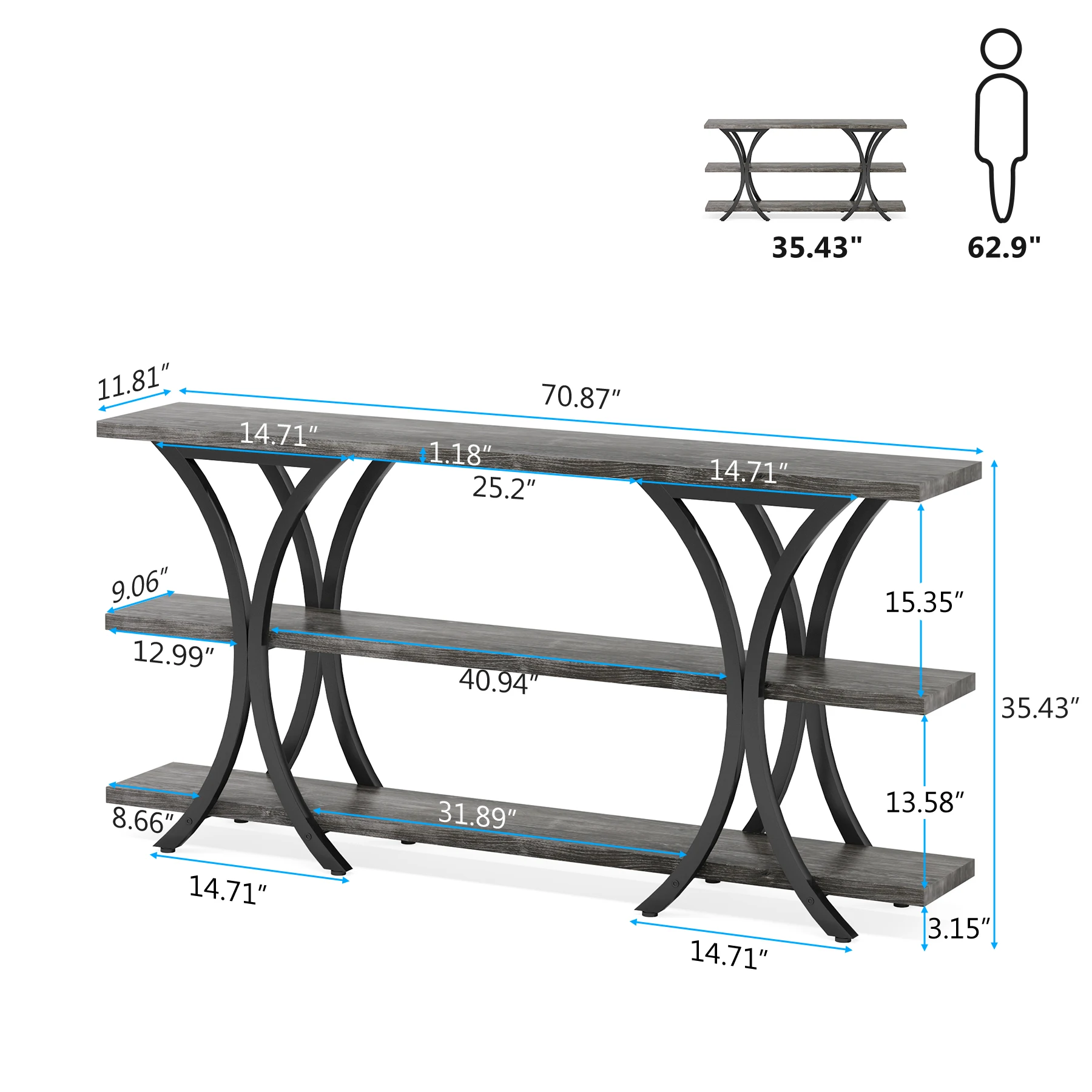 Tribesigns 70.8 Inch Narrow Console Table, Long Sofa Table Entry Table with 3 Tier Storage Shelves for Entryway Living Room