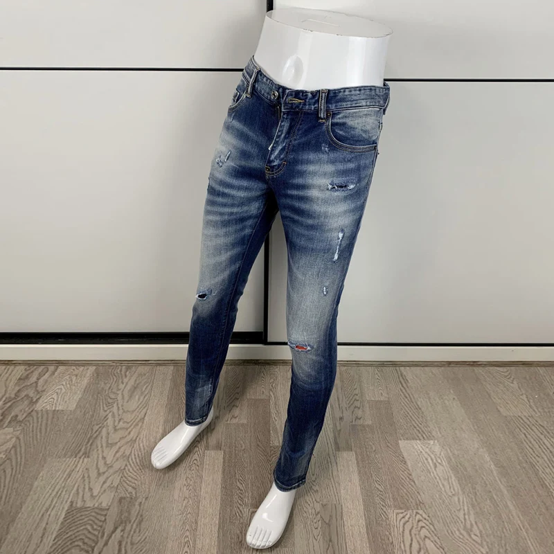 High Street Fashion Men Jeans High Quality Retro Washed Blue Stretch Skinny Fit Ripped Jeans Men Vintage Designer Brand Pants
