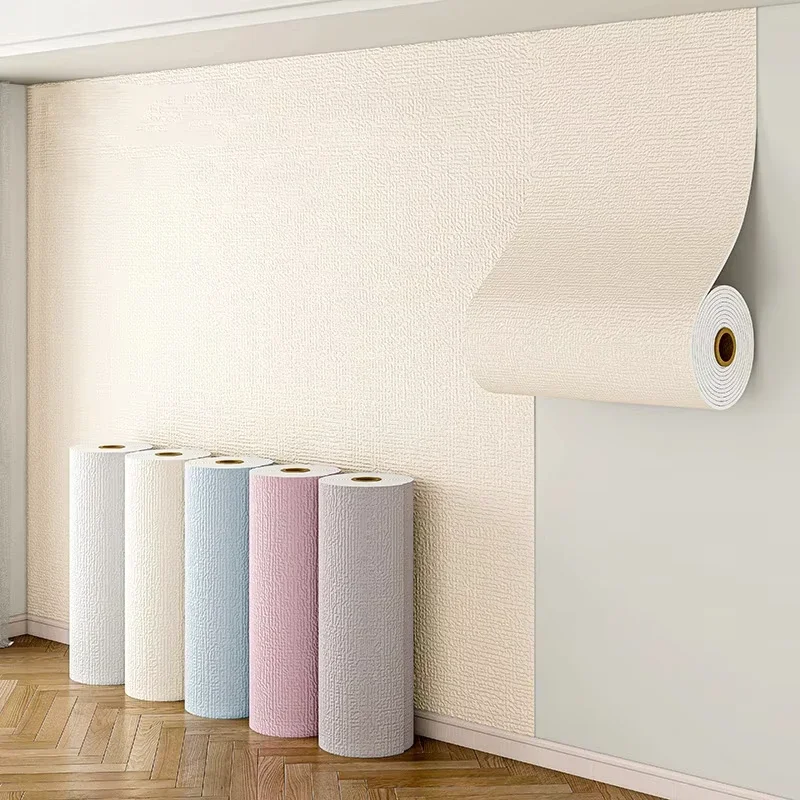 วอลเปเปอร์ลายผ้าลินิน 3 มิติ แบบมีกาวในตัว สำหรับตกแต่งห้องนั่งเล่น ผนังหลังทีวี ห้องนอน ตกแต่งบ้าน สติ๊กเกอร์ติดผนังโฟม 1