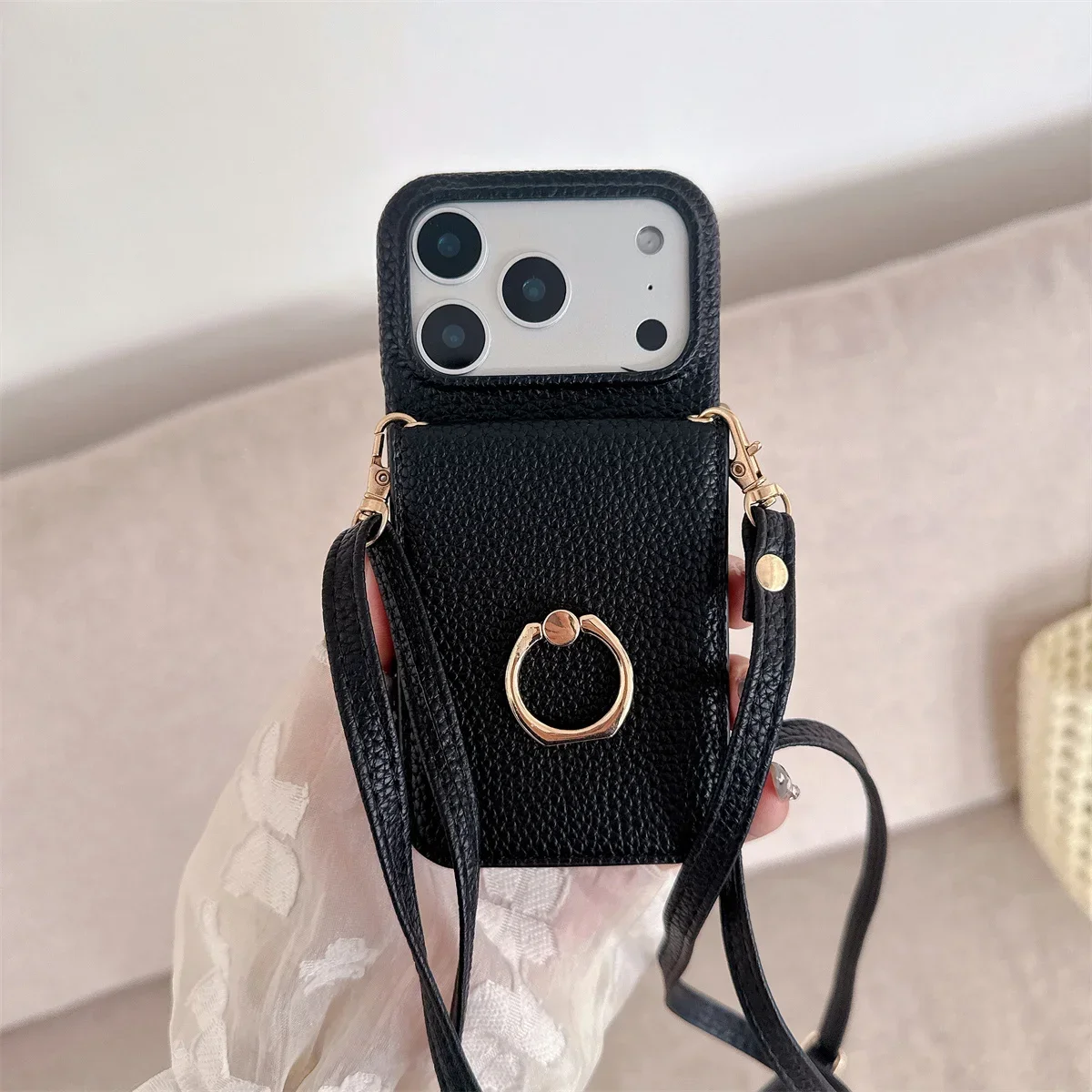 Crossbody Lanyard Wallet Phone Case with Ring Card Holder and Makeup Mirror