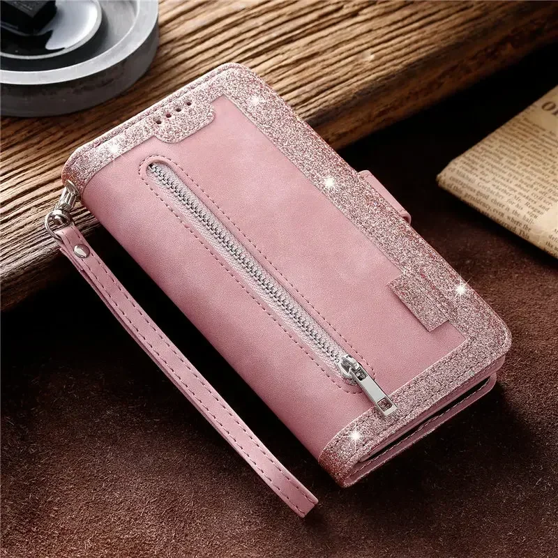 Leather Wallet Cover with Zipper Wrist Strap - Elegant and Functional Phone Case