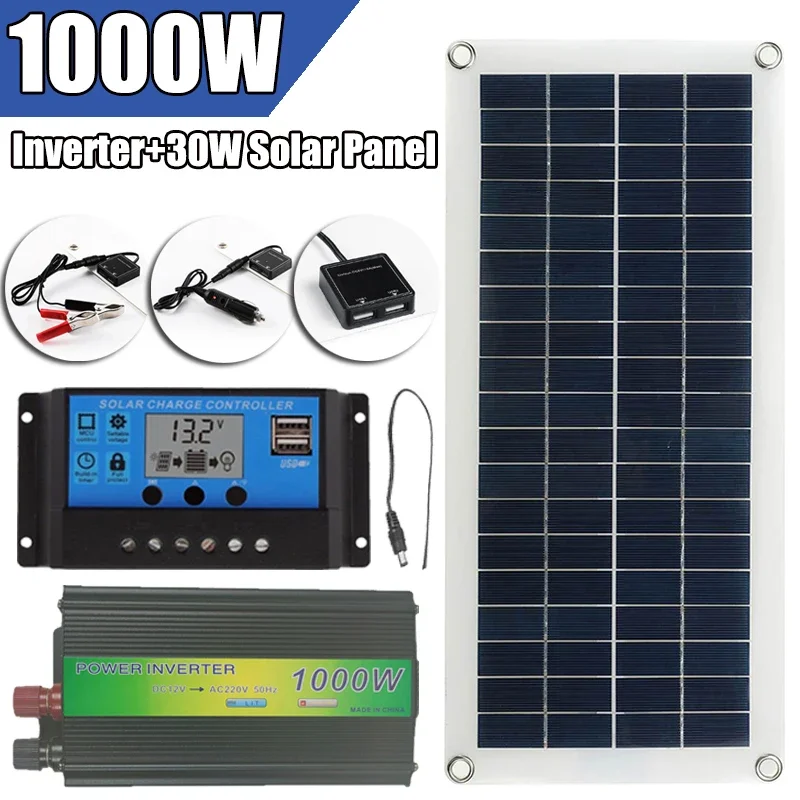 pannello-solare-sistema-220v-con-inverter-1000w-pannello-solare-30w-kit-caricabatterie-cella-controller-10a-per-batteria-auto-campeggio-all'aperto