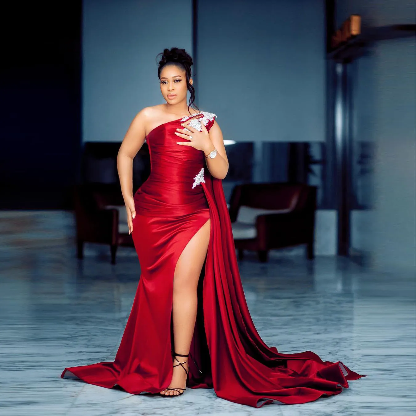 

Burgundy Prom Dresses One Shoulder Beads Satin abiye Mermaid Celebrity Pageant Dress Split Crystals Evening Gowns For African