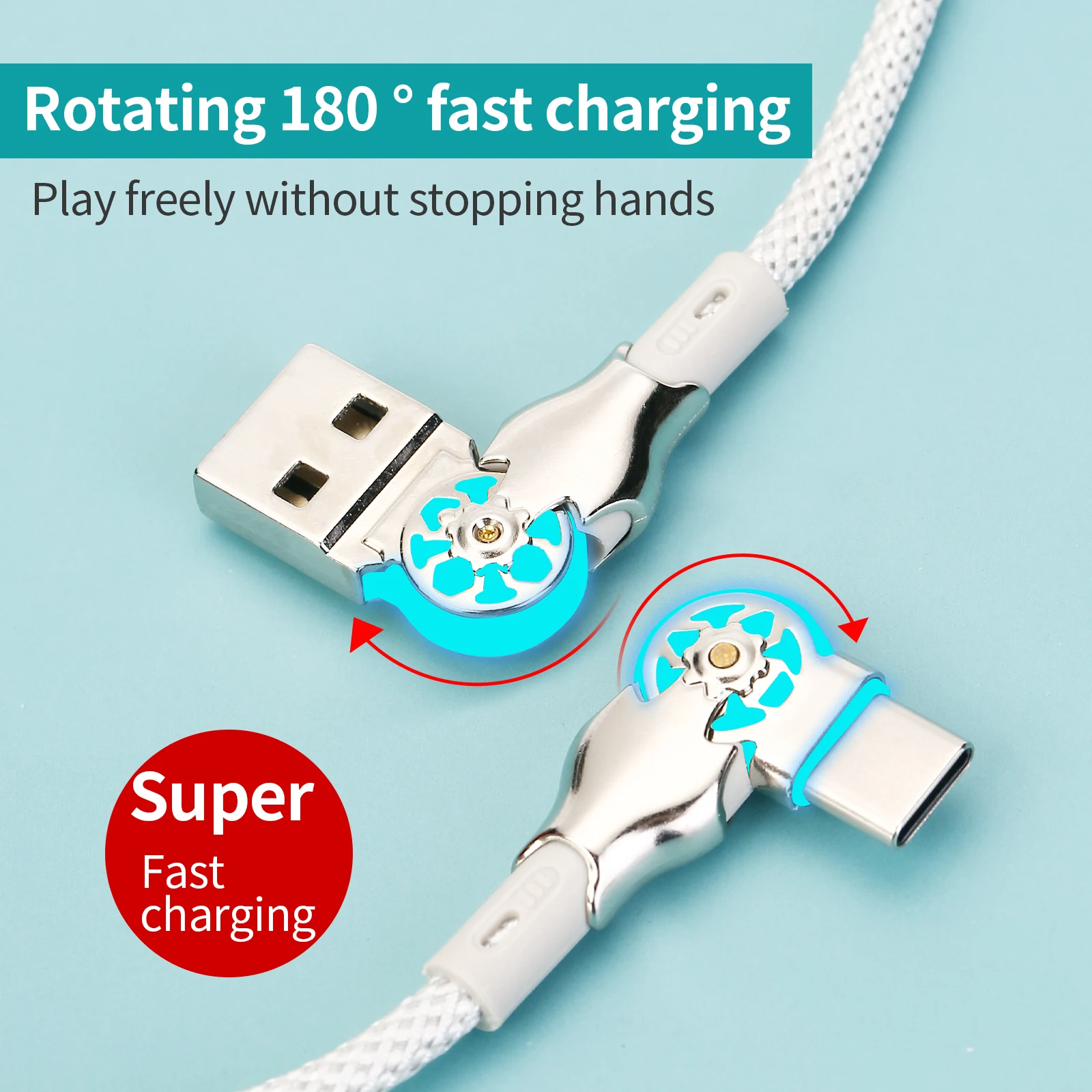 3pcs USB-A-Type-C/Type-C-Type-C 65W fast charging cable dual elbows, luminous design, rotatable 180°, 39.37-inch nylon braided cable durable. Suitable for Android, vivo, Xiaomi Redmi OPPO, Samsung series, general car i