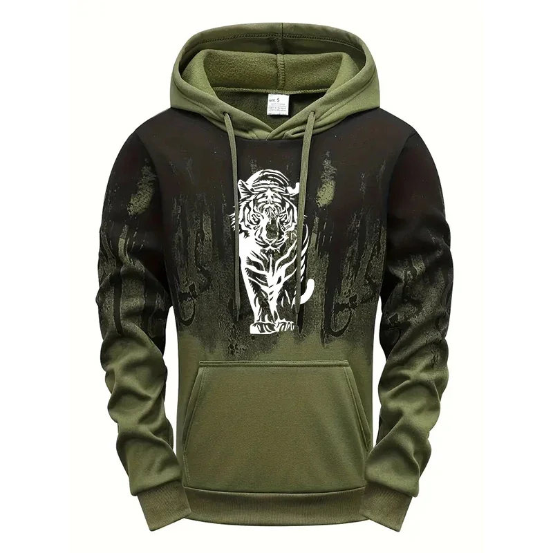 Men's Casual Hoodie with Long Sleeve and Tiger Print