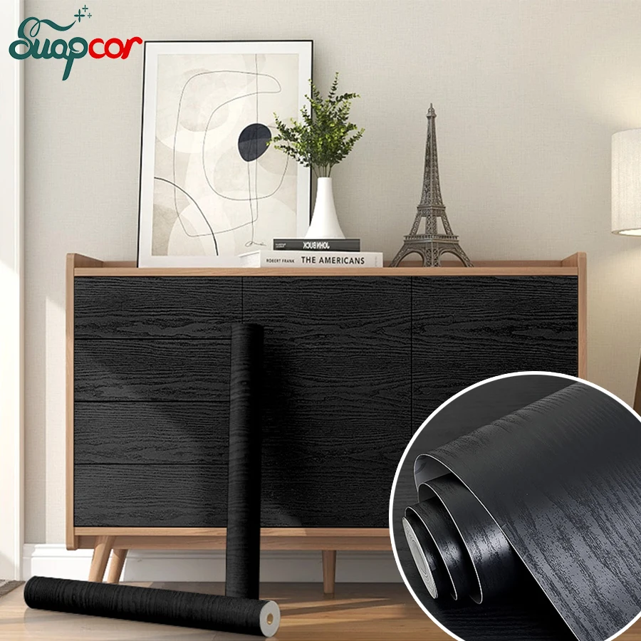 Black Cabinet Sticker Wardrobe Door Old Furniture Renovation Wood Grain Wallpaper Self-Adhesive Desktop Waterproof Oilproof Film